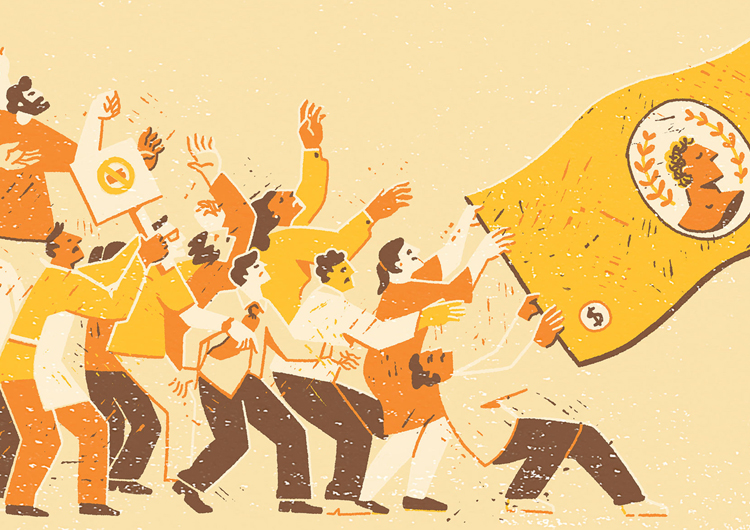 Illustration of a croud protesting and pulling on a giant money bill held by a giant hand.