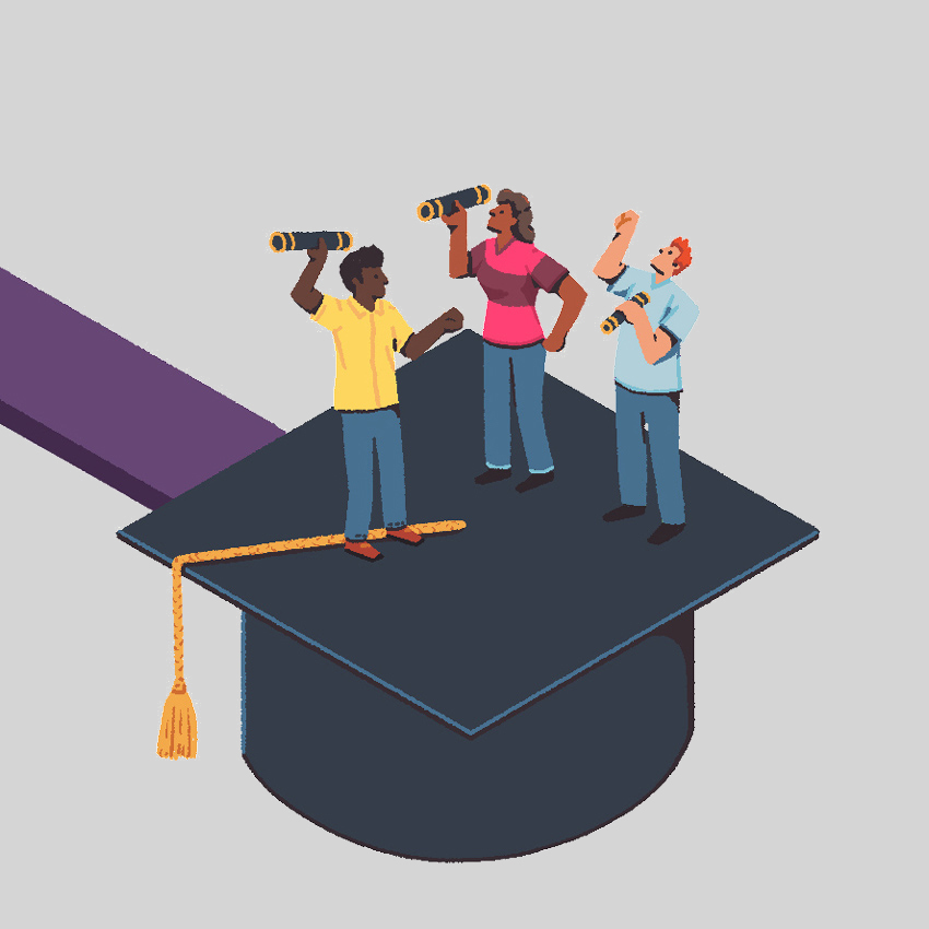 Illustration of a group of students showing their certificates on to a graduation hat