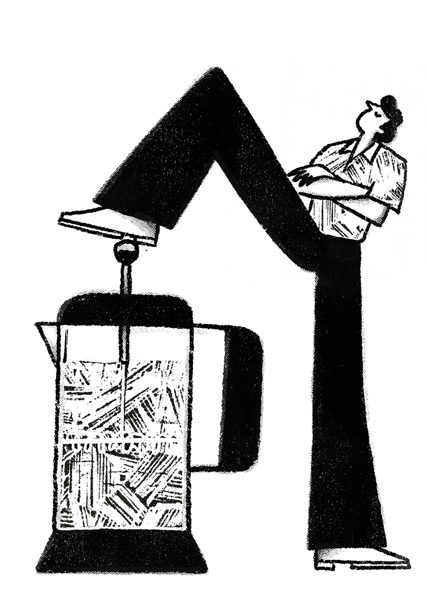 Illustration of a man with the feet pushing down a french press coffee maker