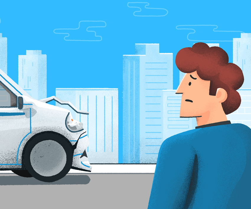 Illustration of a men worried about his crashed car.