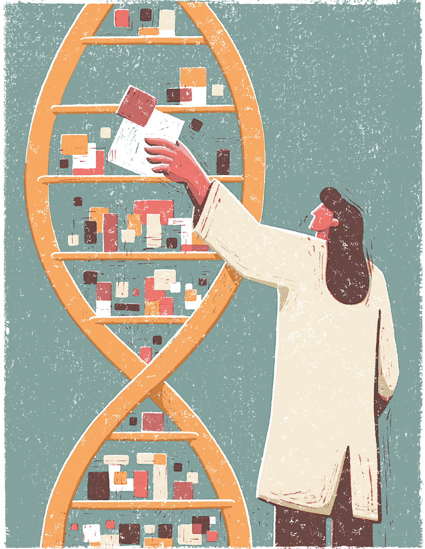 Illustration of a woman storing pixels on a DNA sequence.