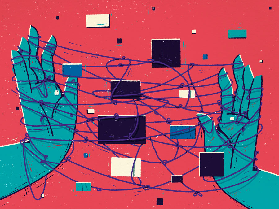 illustration of cat's cradle with screen icons intertwined