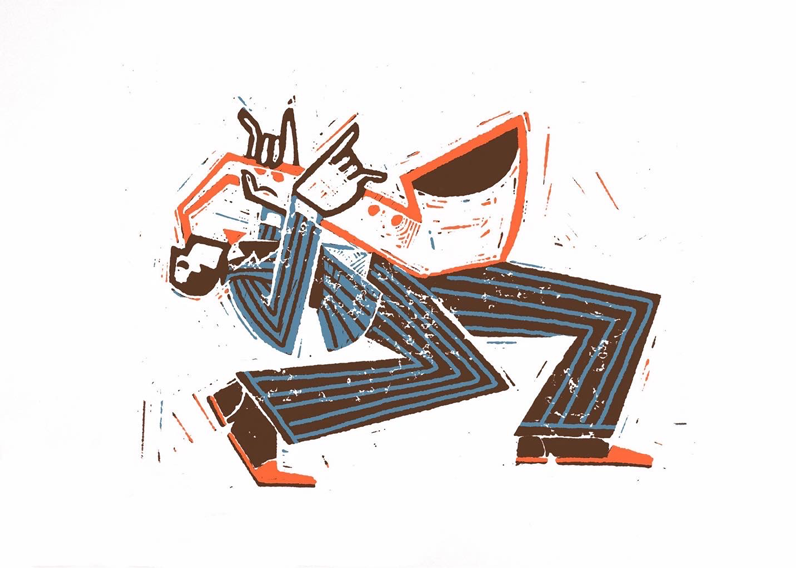 Stylized illustration of a man playing sax in a blue and orange striped suit