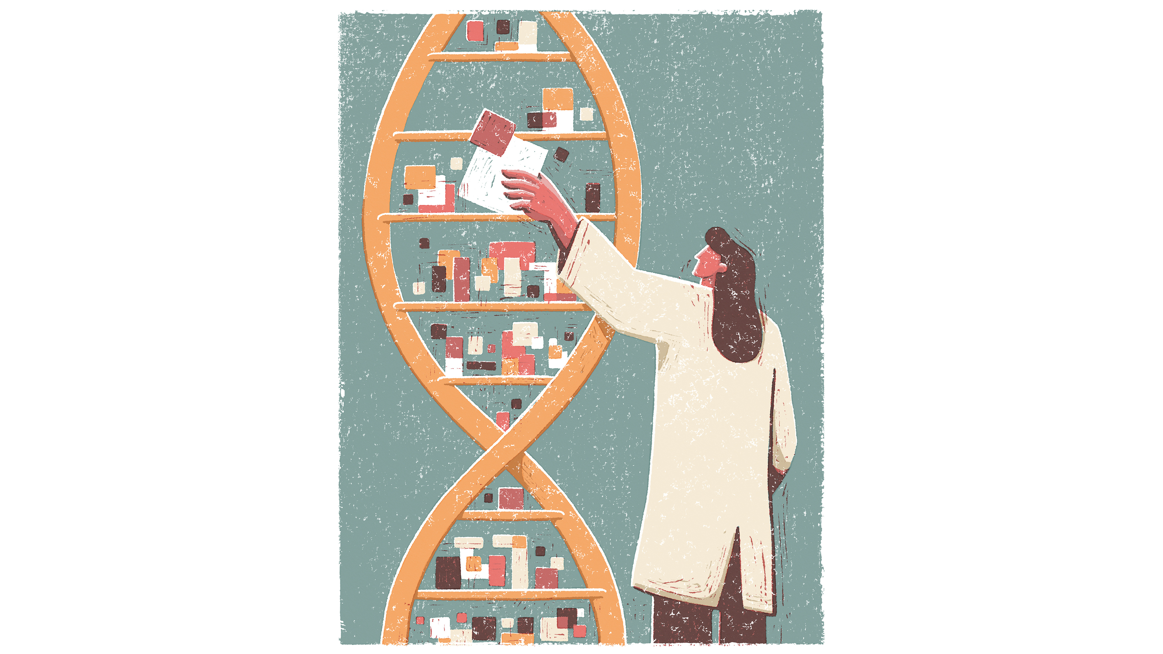 illustration of a woman placing pixels into a shelf made of a DNA sequence