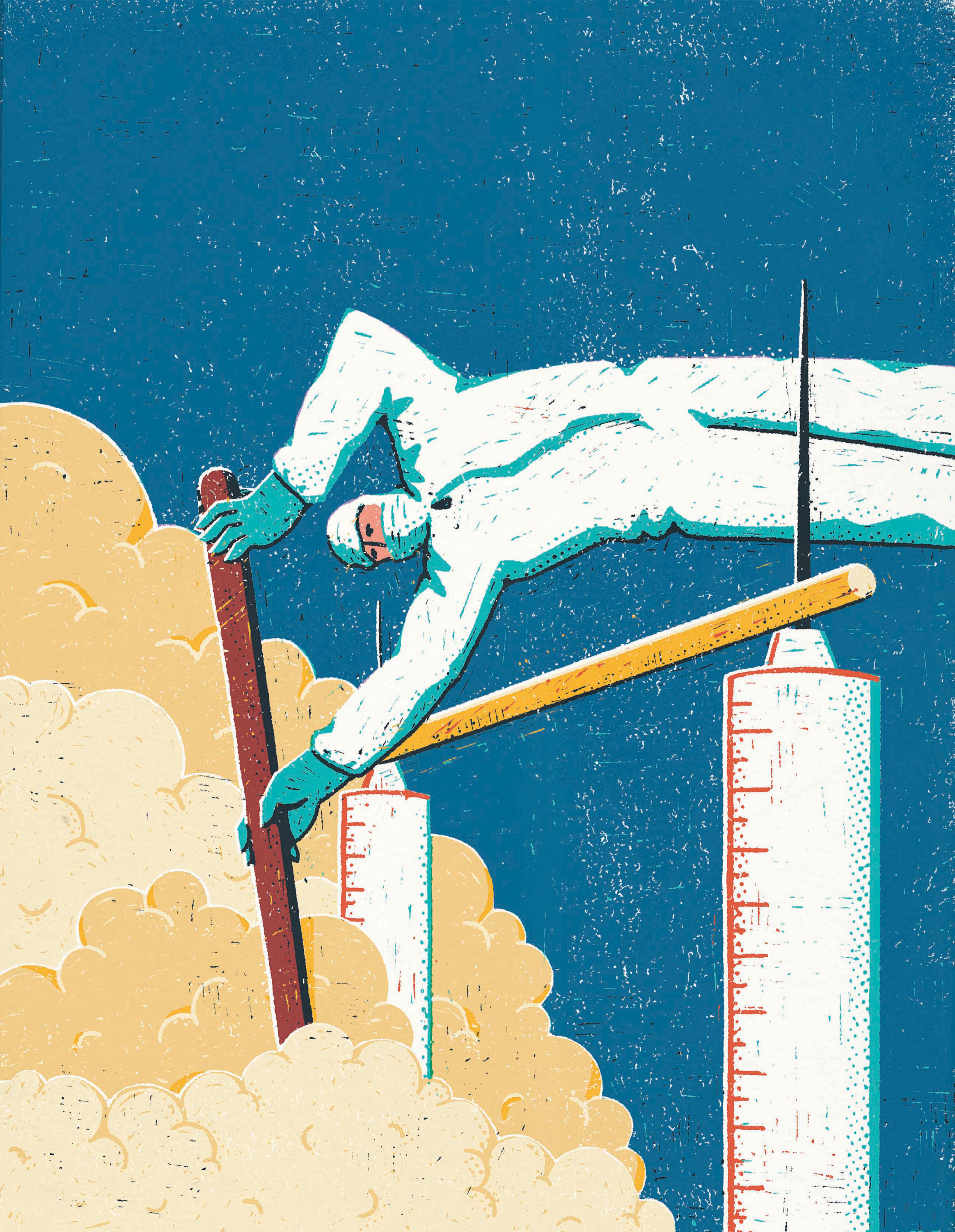llustration of a pharmaceutical scientist jumping a pole vault made out of syringe