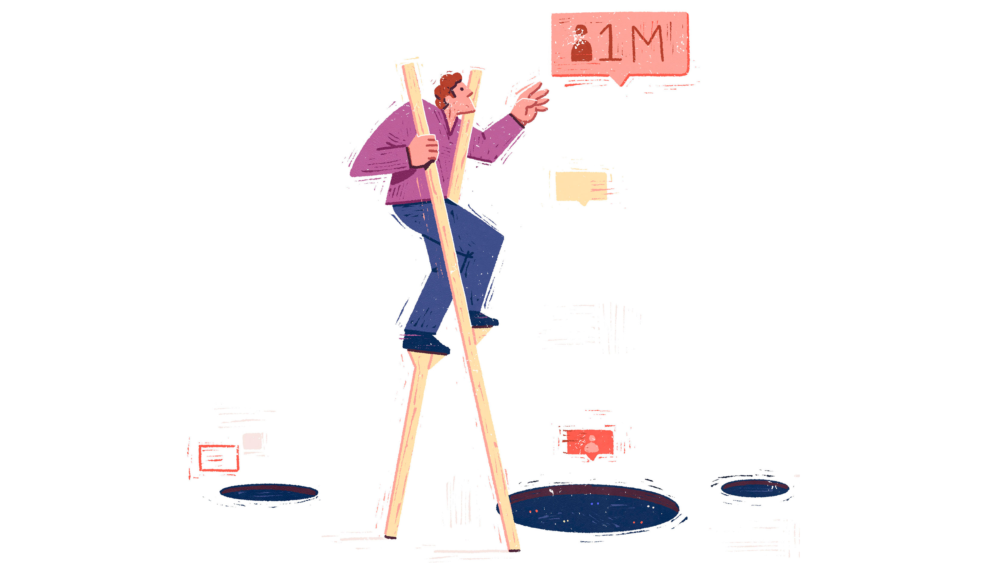 Illustration of a men on stilts, reaching for an icon of 1 million followers, about to fall into a hole