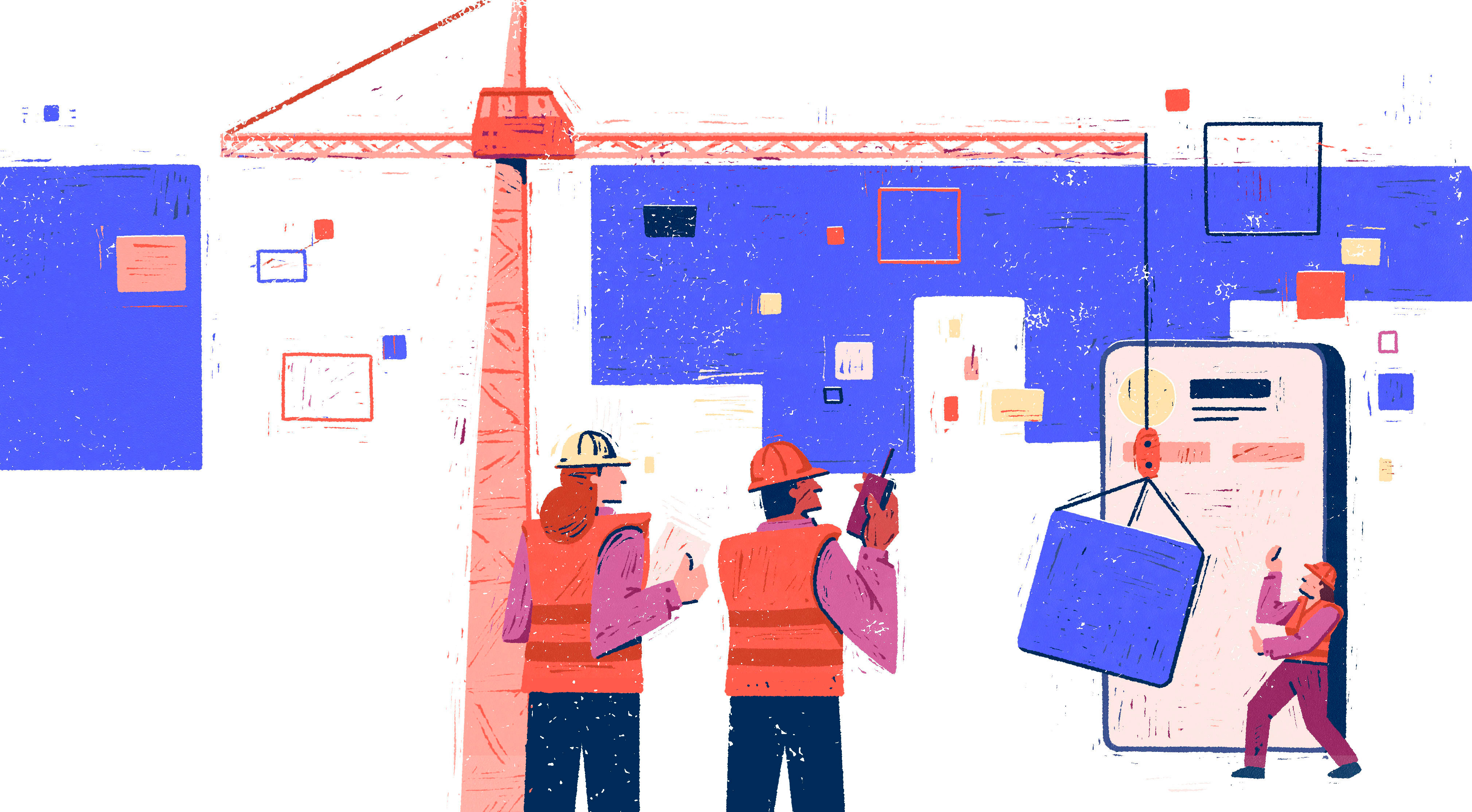 illustration of a construction site, with a crane moving a square/post into a phone.